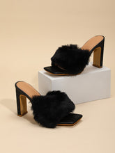Square Toe Fashion Fur Shoes Open Toe Chunky Heels Sai Feel